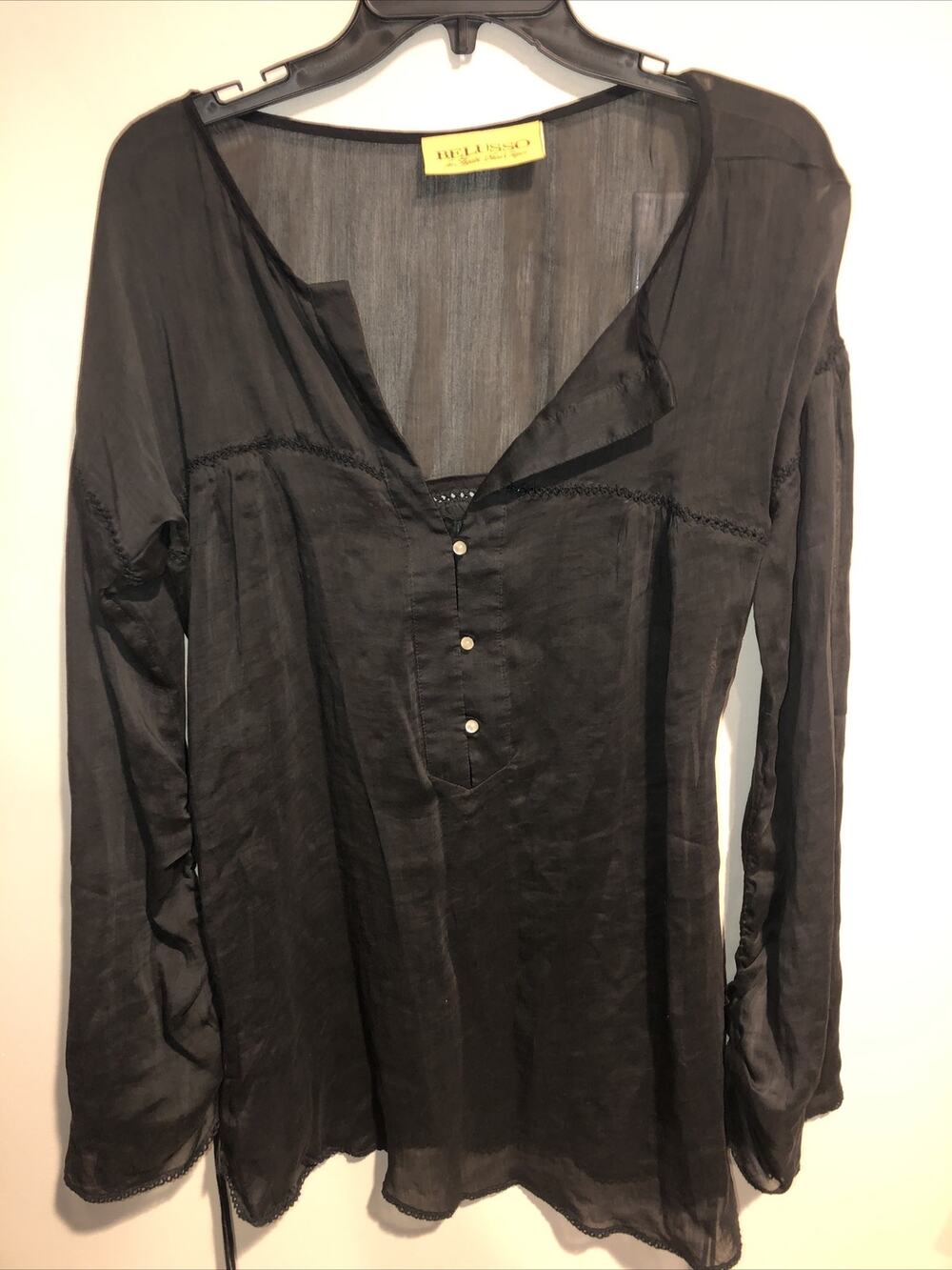 Belusso silk blend black sheer tunic Cover Up Sz Sm Cinch Sleeves Beach Cabana